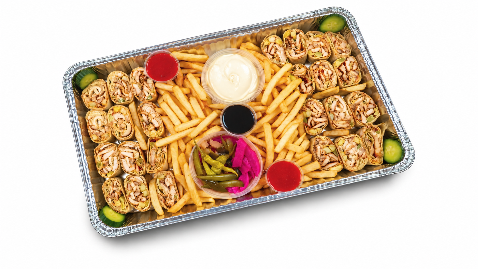 Saj family platter with chicken, beef and falafel shawarma cut into bites, fries, garlic mayo, tahini and hot sauce, serves 4 to 6