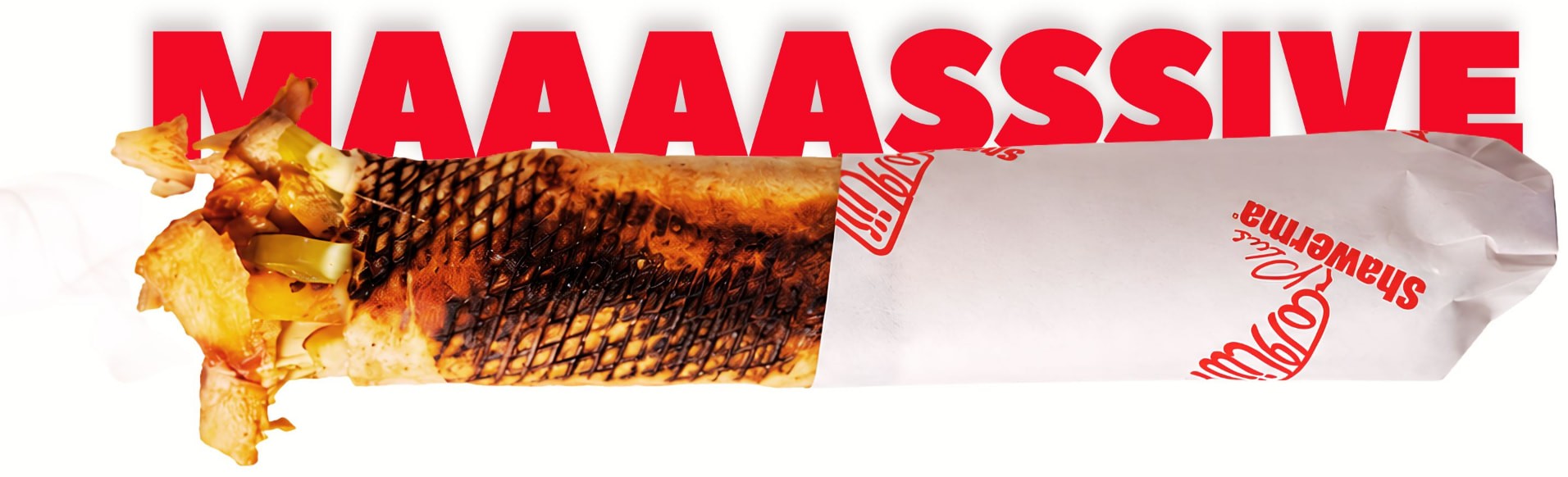 Massive grilled chicken saj wrap with steam rising, Shawerma Plus branded paper
