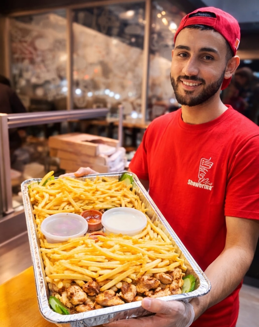 Team member presenting a chicken shawarma family tray