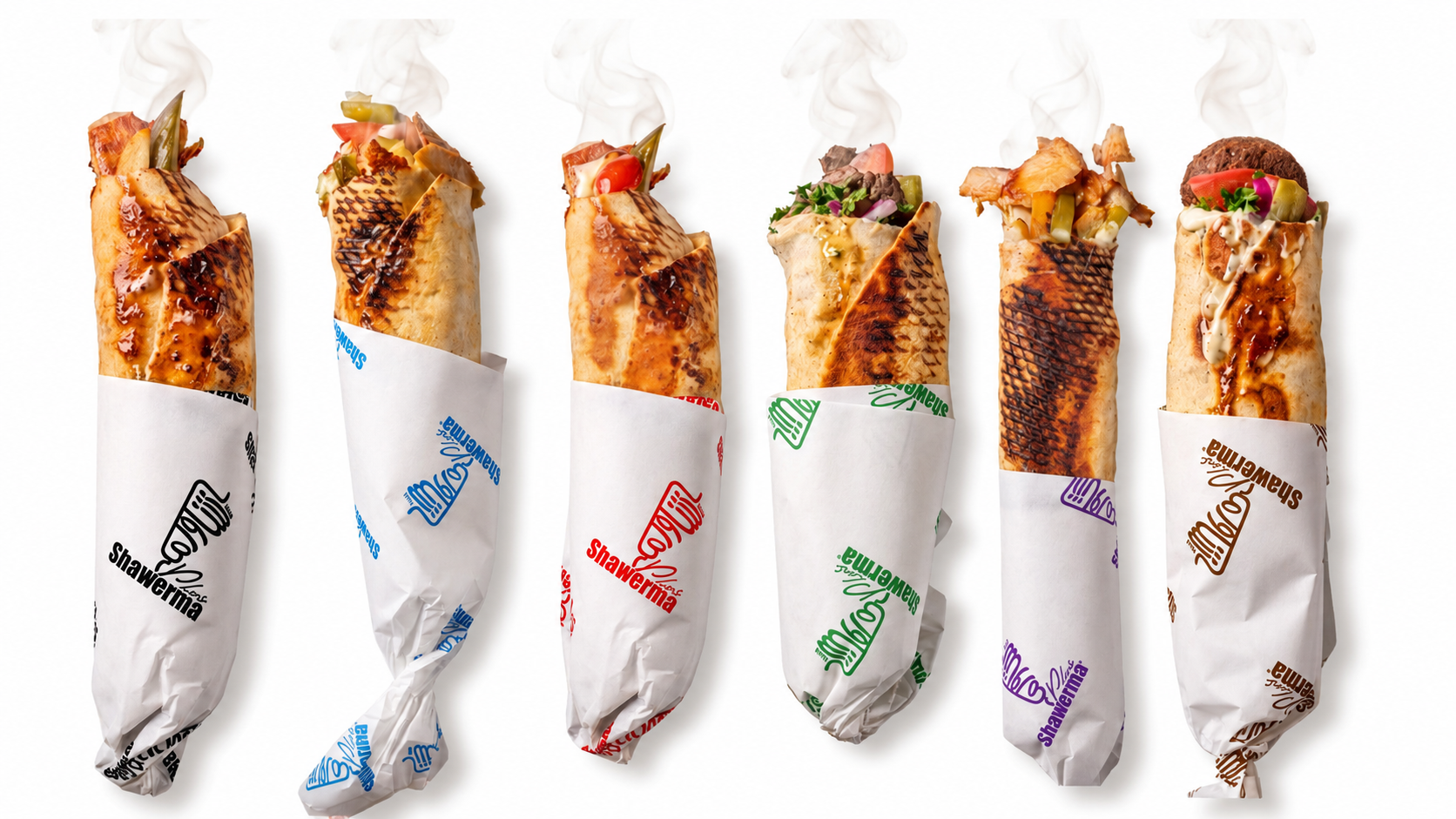 Six Shawerma Plus wraps in colourful branded paper with steam rising