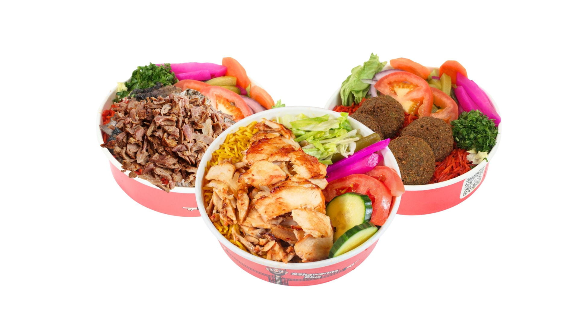 Chicken, beef and falafel individual meals in Shawerma Plus bowls