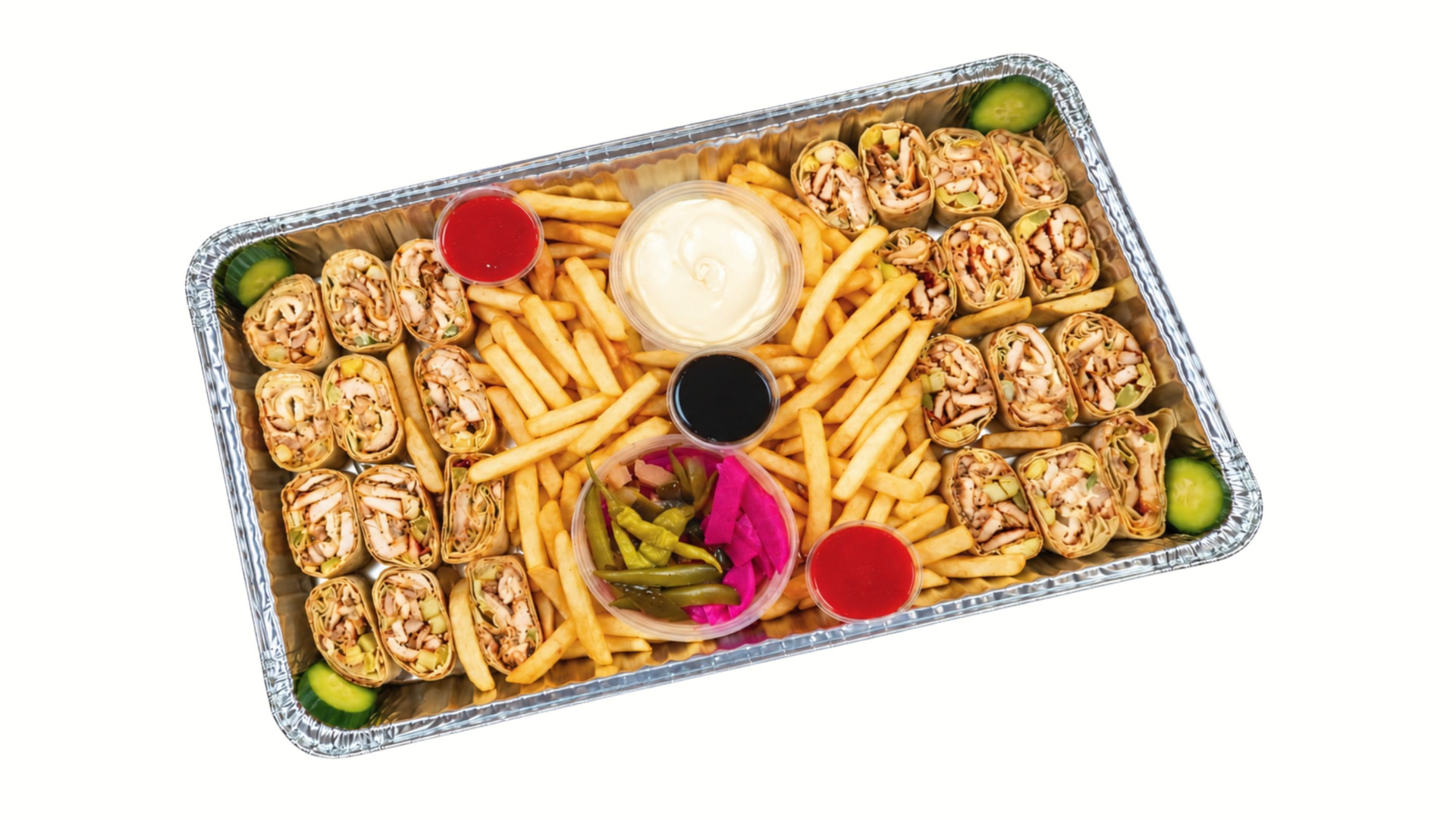 Large Shawerma Plus family tray with sliced Saj wraps, fries, pickles and sauces